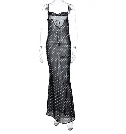 Women'S Sexy Backless See-Through Dot Printed Maxi Dress