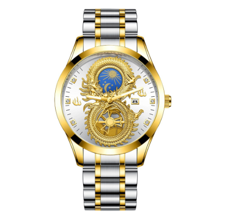 Original Luxury Gold Stainless Steel Waterproof Men's Watch Calendar Golden Dragon Phoenix Couple Sports Watch M2