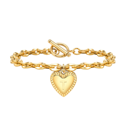 Vnox A-Z Letter Heart Charms Bracelet for Women Girl 18K Gold Elegent Love Stainless Steel Link Chain Initial Jewelry Birthday Present T